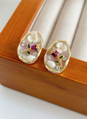 中古vintage轻奢耳环银针滴釉花朵淡水珍珠耳钉高级感时尚耳饰女