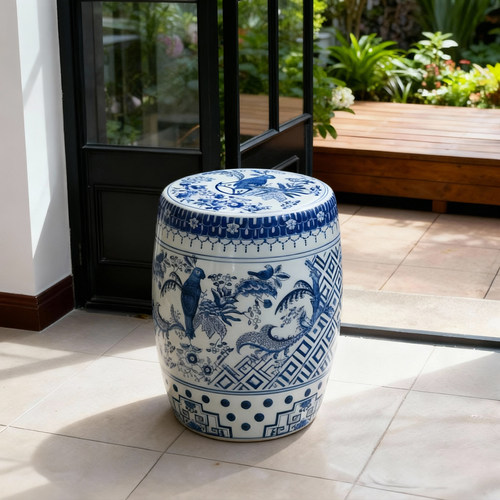 新中式青花瓷花鸟鼓墩庭院客厅