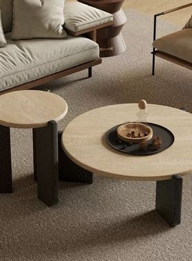 北欧侘寂天然洞石圆形茶几小户型