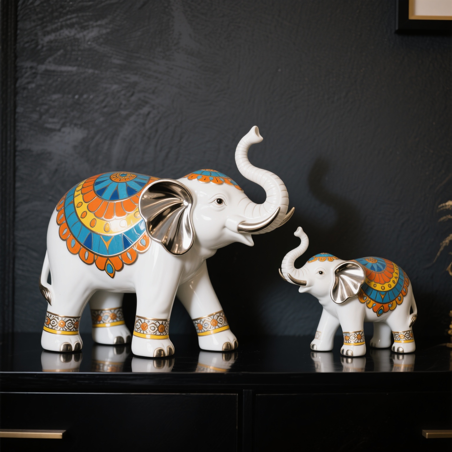 陶瓷彩绘大象摆件客厅装饰品