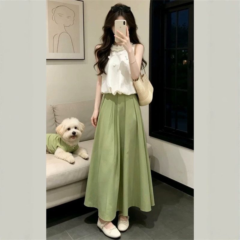 通勤风时尚套装女无袖上衣胖MM大码女装夏季新款纯色初夏半身裙