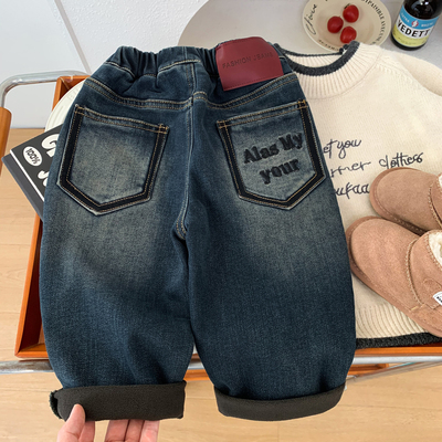 男孩秋冬抓绒牛仔裤酷帅弹力裤子