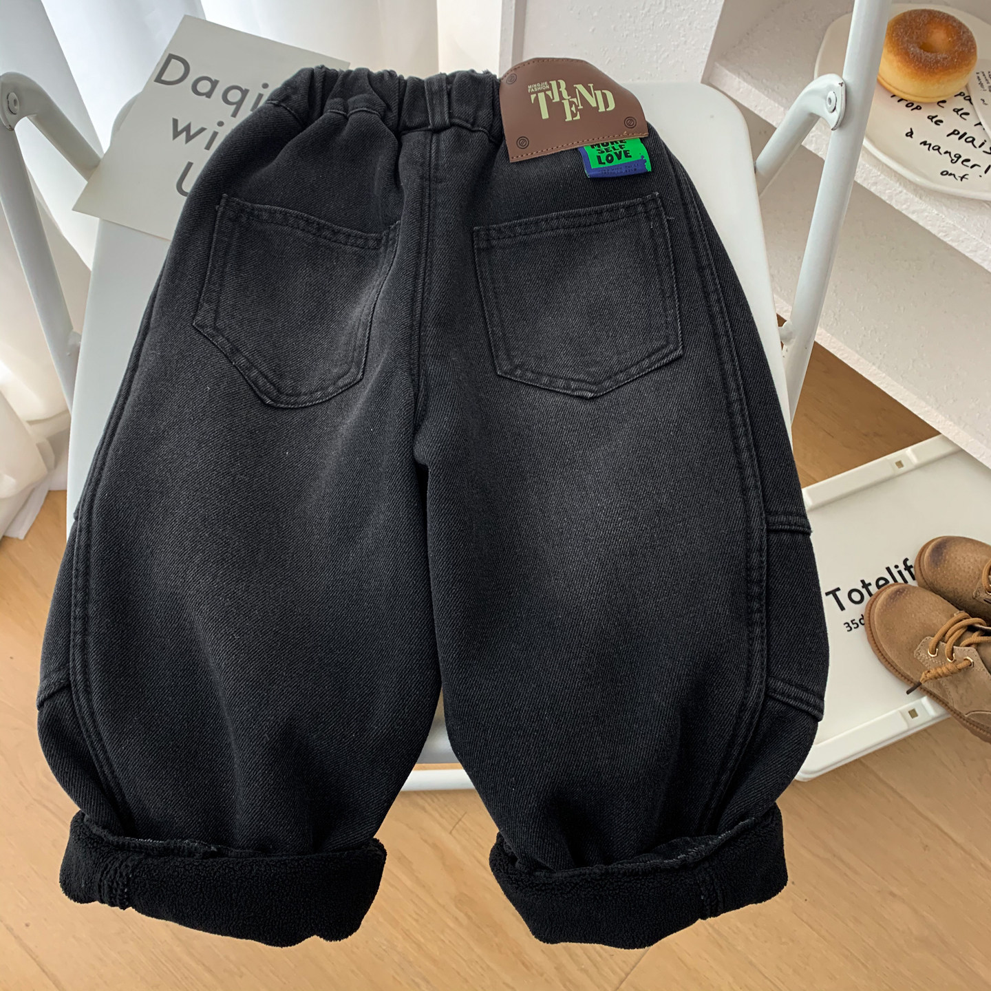 男童一体加绒牛仔裤黑色直筒长裤儿童韩版休闲裤冬季保暖阔腿裤潮