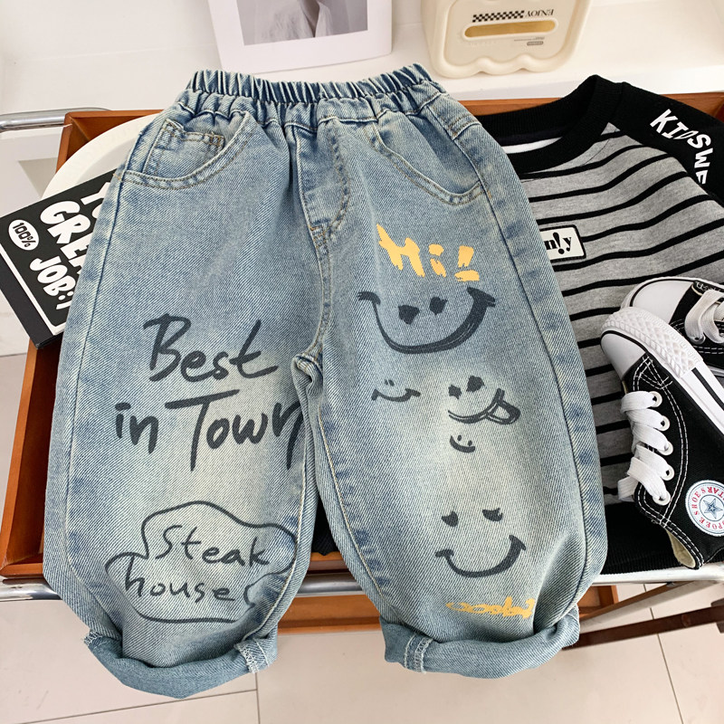 儿童牛仔裤春秋款洋气男孩笑脸涂鸦裤子酷帅中小童微弹柔软长裤潮,童装/婴儿装/亲子装,裤子,淘宝优惠券,粉丝福利购,淘宝优惠卷