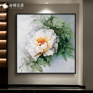 手绘油画牡丹花新中式餐厅装饰画入户玄关花开富贵挂画大芬油画村