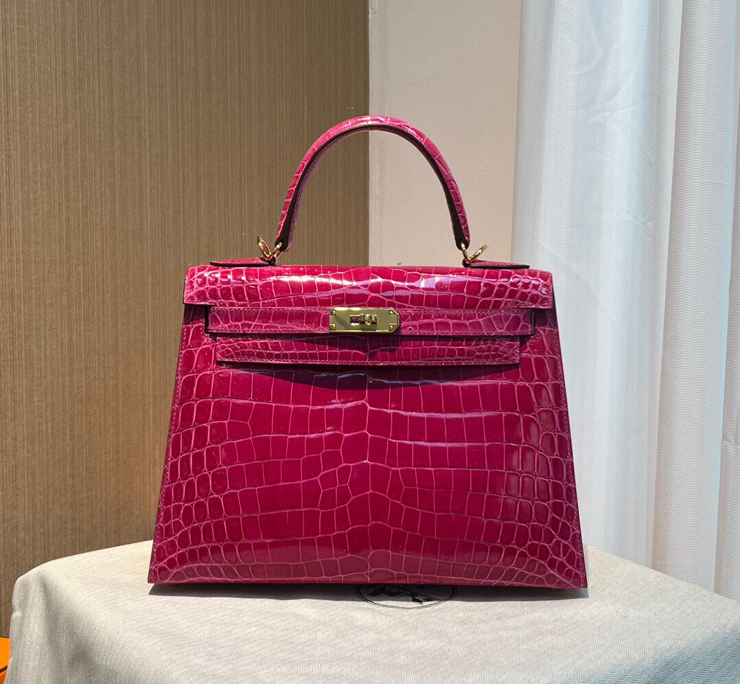 凯利28cm尼罗高光5J玫红金扣女士包包鳄鱼皮皮包真皮手提包新款
