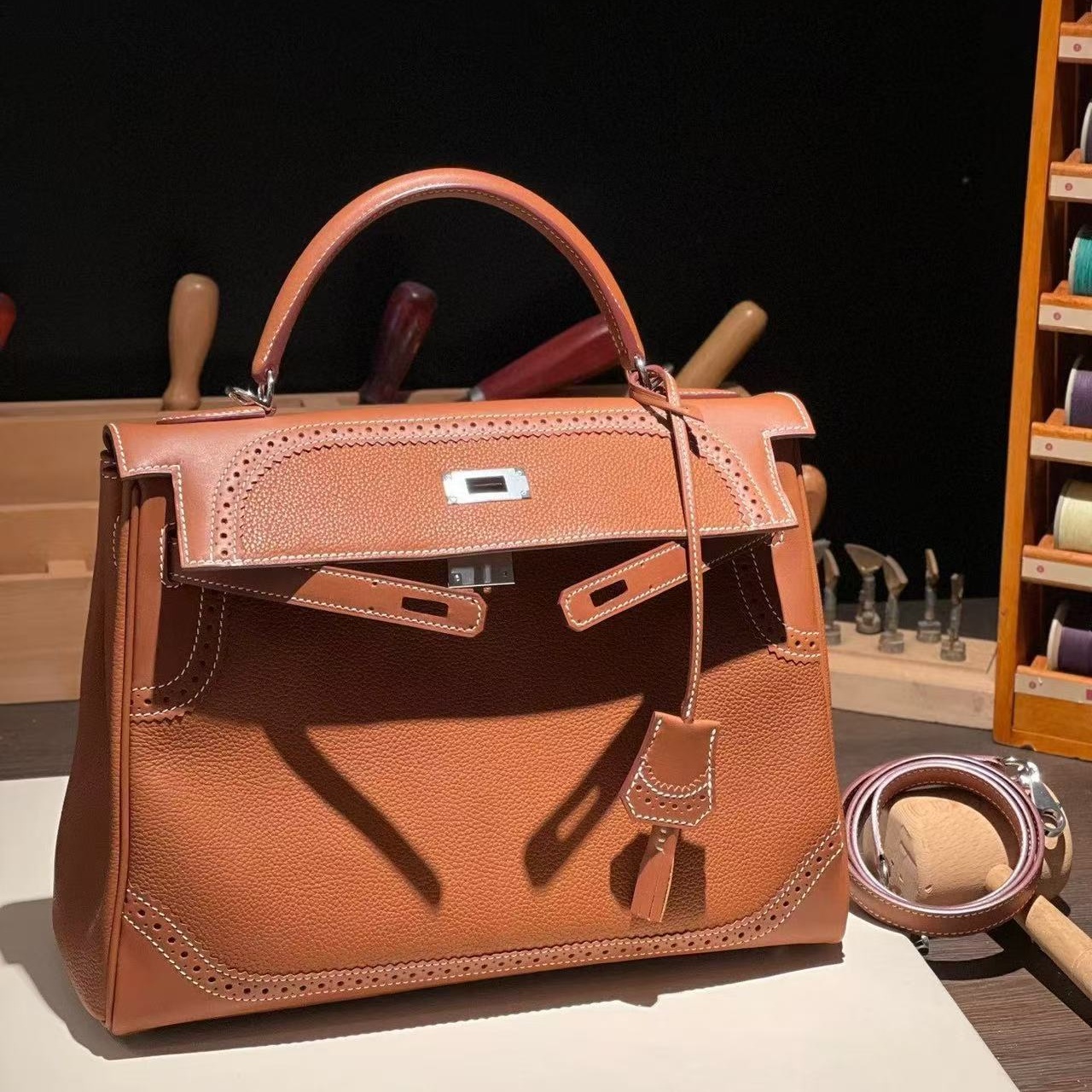 蕾丝款定制马鞍皮拼福宝皮KL凯莉包32女士手提包大号手工女包