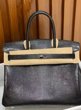 进口蜥蜴皮黑色银扣BK铂金包30女士手提包时尚纯手工内缝女包轻奢