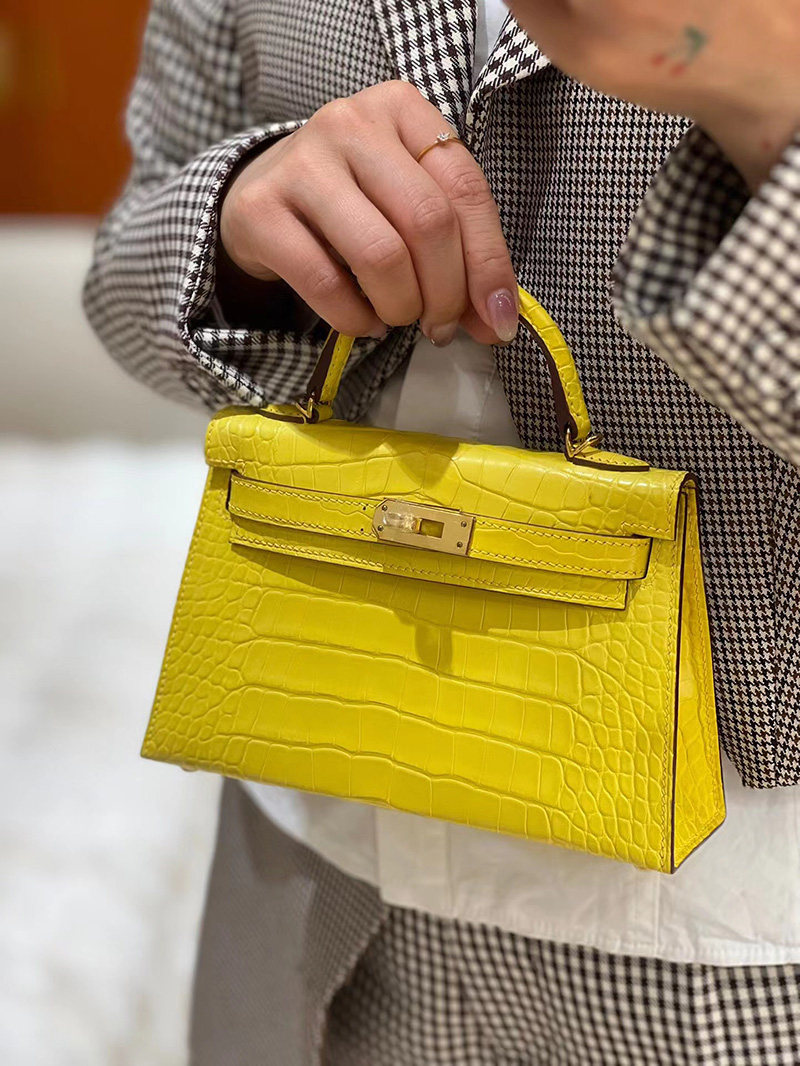 柠檬黄色雾面进口美洲鳄鱼皮mini凯莉二代19CM女士小包包单肩手缝,箱包皮具/热销女包/男包,小方包,淘宝优惠券,粉丝福利购,淘宝优惠卷