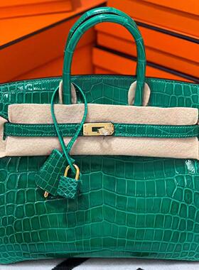 翡翠绿亮面高光尼罗鳄鱼皮纯手工三张皮BK铂金包25cm手提包女包