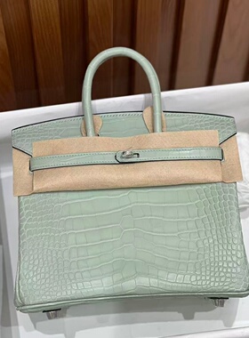 方块雾面美洲鳄鱼皮BK铂金包25CM女士手提包纯手工女包薄荷绿
