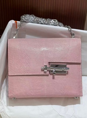 浅粉原厂蜥蜴皮手枪包插稍包Verrou 小号银扣女士迷你手工链条包