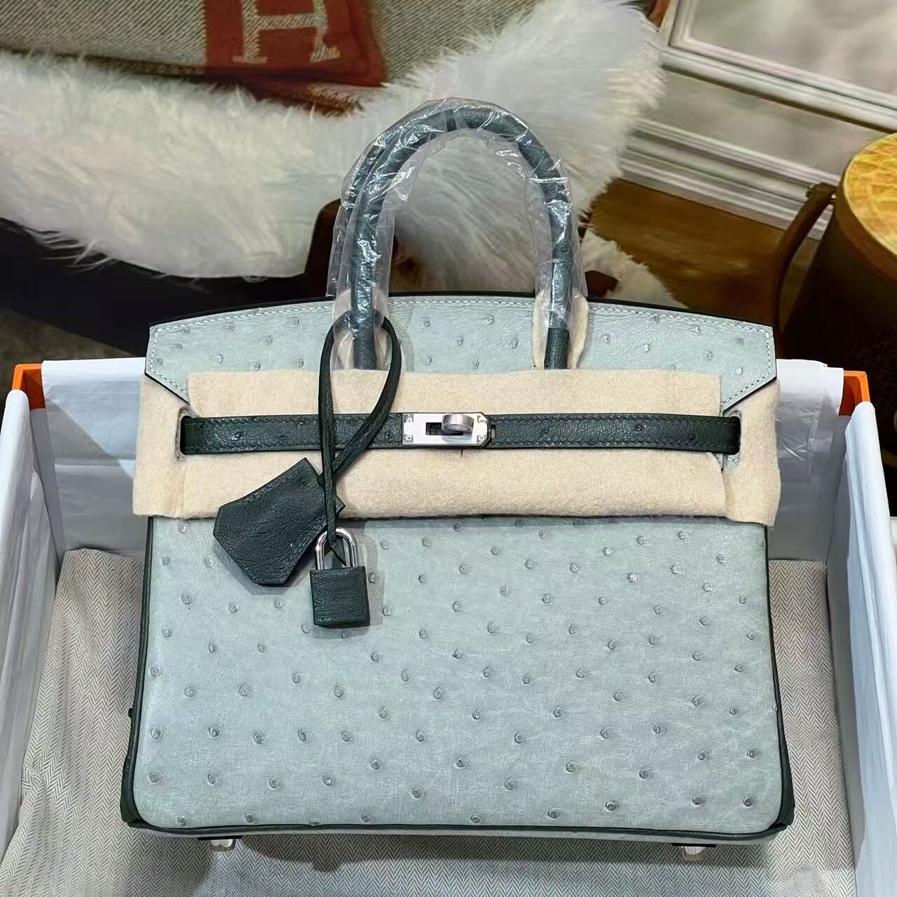 进口KK鸵鸟皮拼色撞色KB铂金包25女士手提包纯手工缝轻奢女包带锁