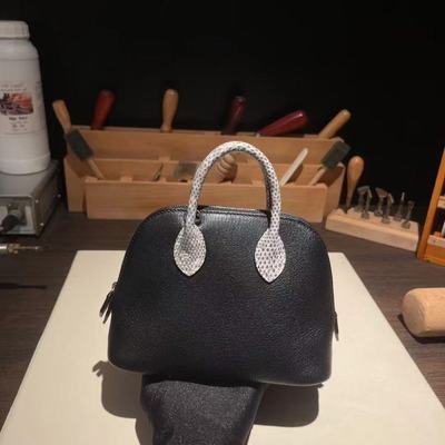 进口山羊皮拼蜥蜴皮女士单肩斜挎小包包贝壳包bolide保龄球手提包