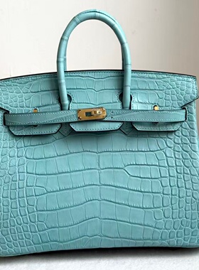 圣西尔蓝进口雾面美洲鳄鱼皮BK铂金包25女士手提包全手工内缝金扣