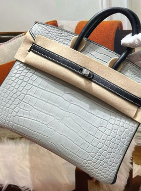 珍珠灰拼黑色雾面美洲鳄鱼皮BK铂金包25cm纯手工缝制银扣私人定制