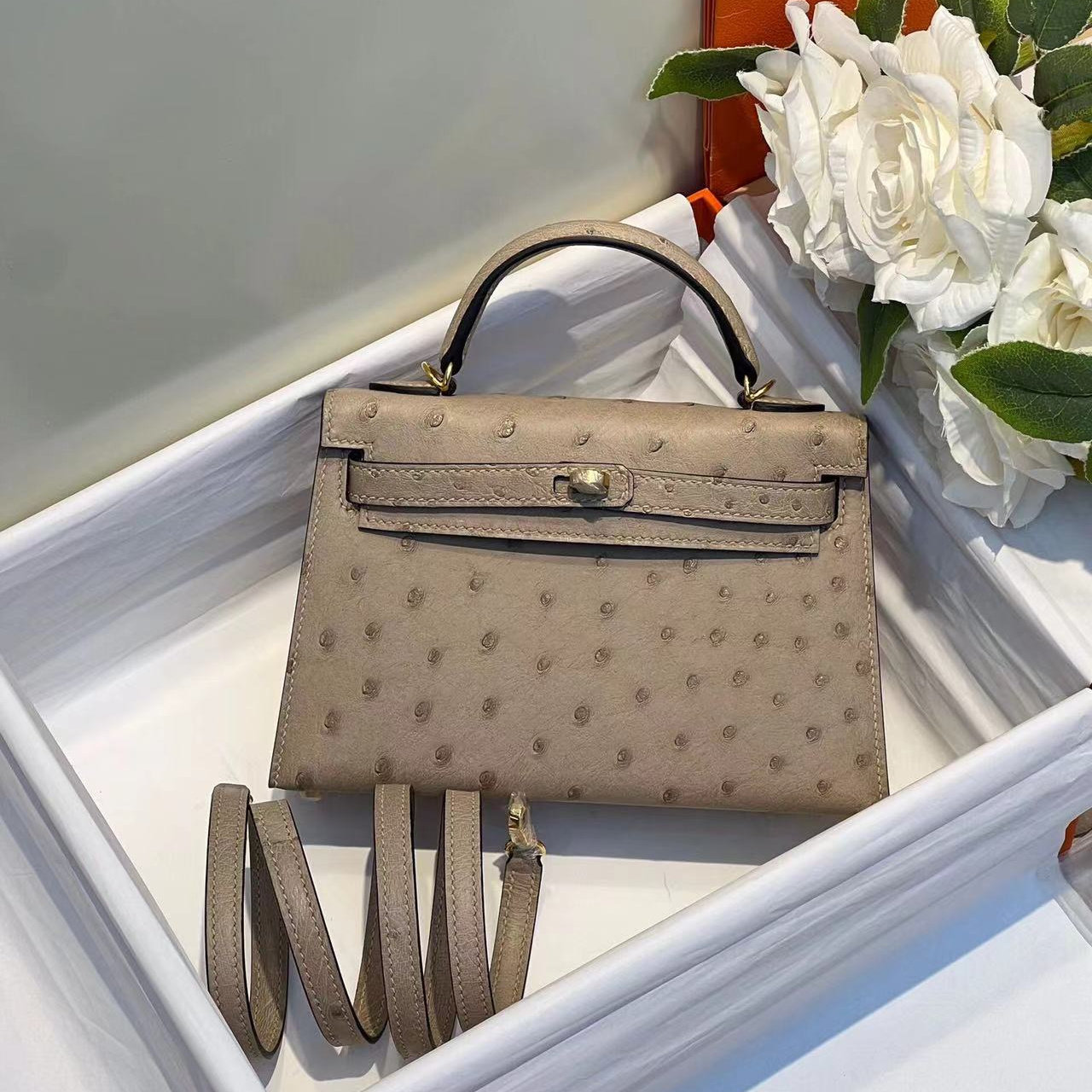 大象灰进口鸵鸟皮迷你mini凯莉包二代19CM女士手提斜挎小包手工缝,箱包皮具/热销女包/男包,通用款女包,淘宝优惠券,粉丝福利购,淘宝优惠卷