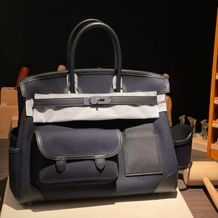 深蓝色男士cargo35大号帆布包男款手提包休闲手工缝BK铂金包普皮