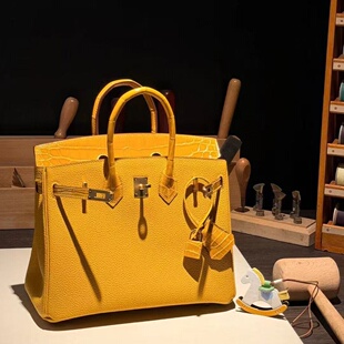 9D琥珀黄鳄鱼皮拼togo皮铂金包25CM女士手提包带锁女包定制手工包