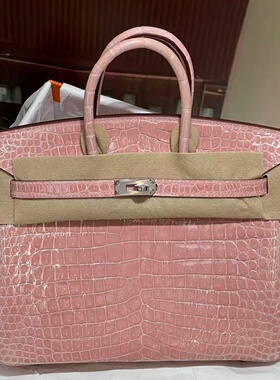 陶瓷粉倒V进口HCP高光湾鳄鳄鱼皮BK铂金包25女士手提包纯手工亮面