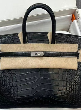 黑色雾面方块美洲鳄鱼皮女士手提包纯手工女包高端定制带锁银扣