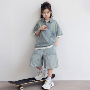 男童夏季牛仔套装2025新款中大儿童帅气夏装短袖男孩俩件套夏款潮