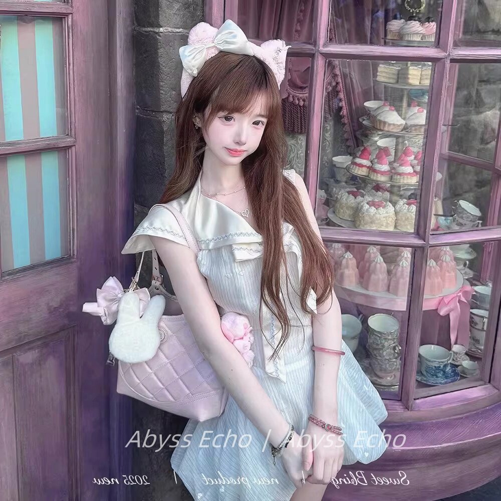 亚萌甜美学院风蝴蝶结海军领连衣裙女夏新款无袖条纹修身背心裙子