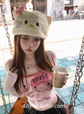 轻亚文化宅系撞色猫咪印花长袖T恤女甜美粉色内搭短上衣修身显瘦