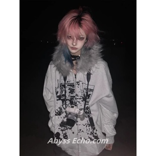 y2k亚文化毛领外套女秋冬新款加绒连帽卫衣开衫视觉系哥特风上衣