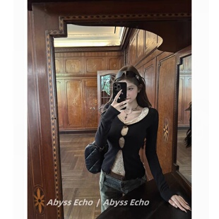 轻亚复古假两件上衣春季修身蕾丝针织衫女长袖T恤内搭打底衫女