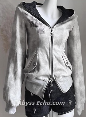 千禧风亚文化Y2k上衣春季猫咪耳朵十字拉链长袖外套百搭连帽开衫