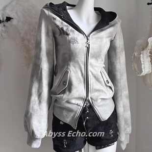 千禧风亚文化Y2k上衣春季猫咪耳朵十字拉链长袖外套百搭连帽开衫