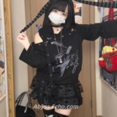 哥特风卫衣女亚文化春季 亚萌兔耳连帽露肩上衣金属蕾丝星星裙y2k