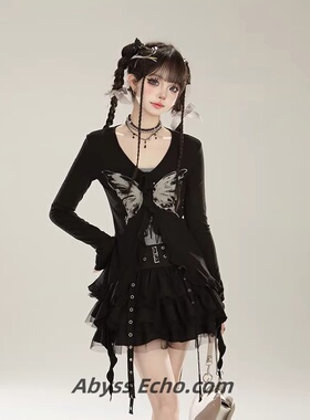 亚文化蝴蝶印花飘带上衣t恤女春季修身开衫甜辣Y2K长袖打底衫显瘦