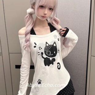 亚文化宅萌风可爱猫咪长袖 显瘦绑带假两件上衣T恤女y2k潮 露肩修身