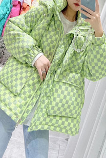 棋盘格羽绒服加厚小个子连帽短款2025年新款女白鸭绒方格子面包服