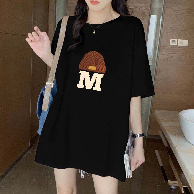新款100%纯棉短袖t恤女夏季学生宽松中长款个性印花圆领潮流上衣