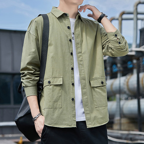 上班休闲纯色宽松七分袖衬衫青年