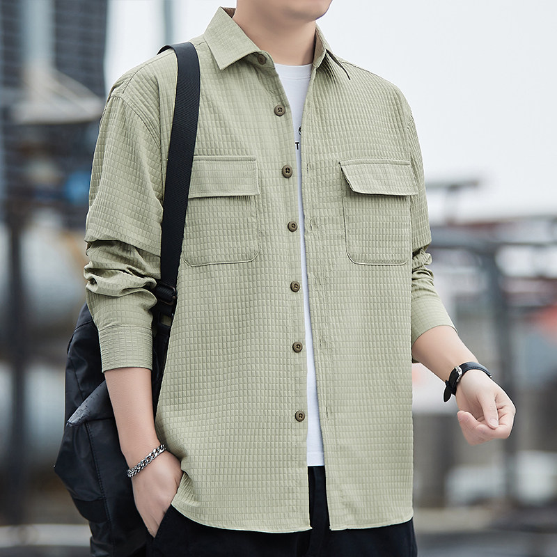 衬衫男长袖春夏秋款男士外套多口袋衣服防嗮服纯色休闲商务青年潮