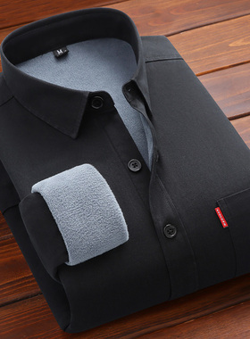 秋冬款纯棉加绒加厚保暖工装衬衫男长袖青年爸爸上班电焊防烫外套