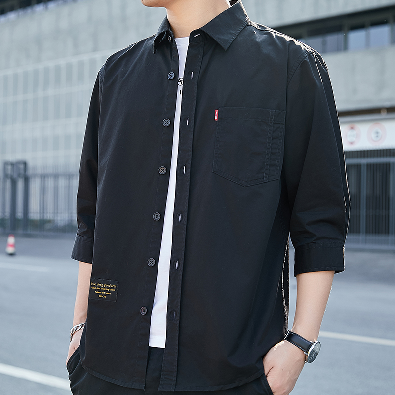 衬衫全棉工装纯色宽松痞帅五分袖