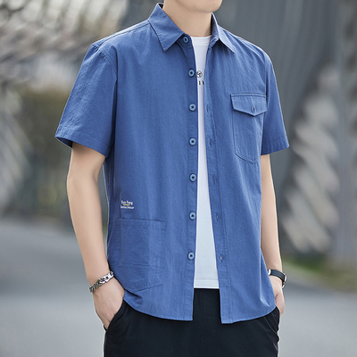 法娅茜纯棉衬衫春夏新款男短袖五分袖工装外套痞帅青年纯色七分袖