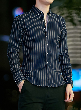秋冬季男士长袖藏青色衬衫爸爸装打底条纹寸衣修身休闲时尚衬衣黑