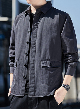 纯棉新款春夏高端工装外套休闲纯色宽松七分袖衬衫男长袖潮牌短袖