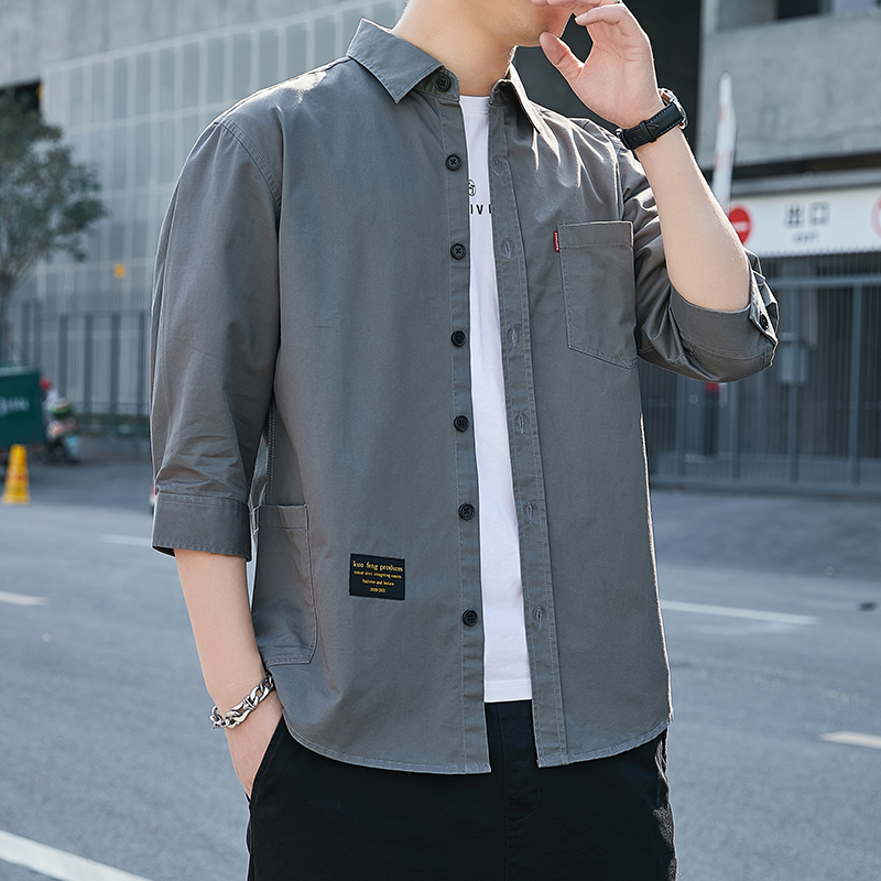 薄纯棉衬衫男七分袖中袖短袖韩版修身工装宽松外套休闲纯色衬衣