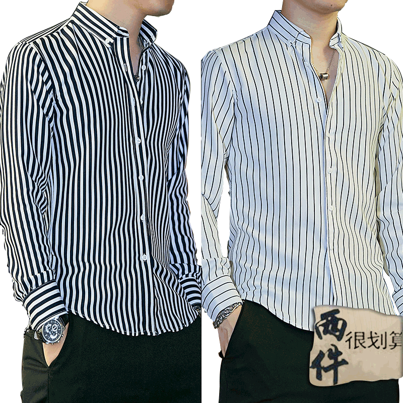 春夏季男士长袖藏青色衬衫爸爸装打底条纹寸衣修身休闲时尚衬衣白