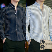 薄男士 打底条纹寸衣修身 长袖 春夏季 色衬衫 爸爸装 休闲时尚 白衬衣