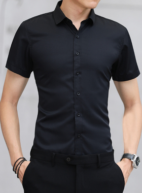 男士夏季短袖时尚白色衬衫商务休闲男修身职业工作男工装衬衣黑色