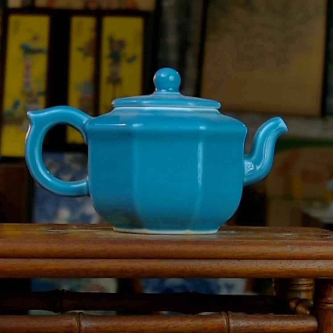景德镇高温陶瓷建国瓷厂天蓝八方壶单色釉壶茶壶摆件 家居摆件