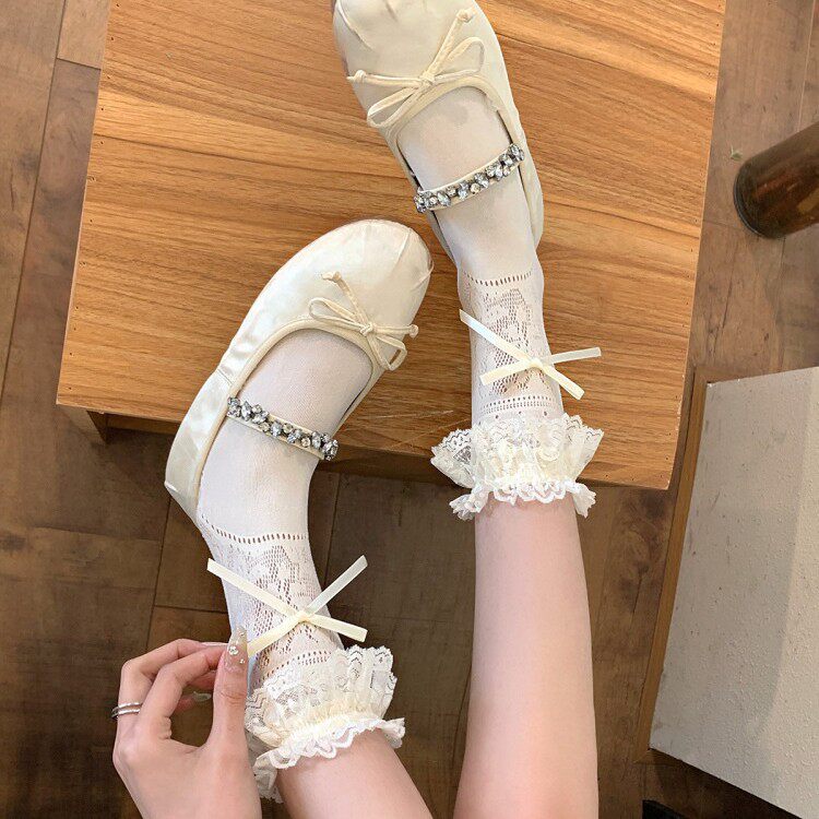 奶白蕾丝蝴蝶结中筒袜芭蕾风软妹百搭玛丽珍鞋透气洛丽塔少女袜